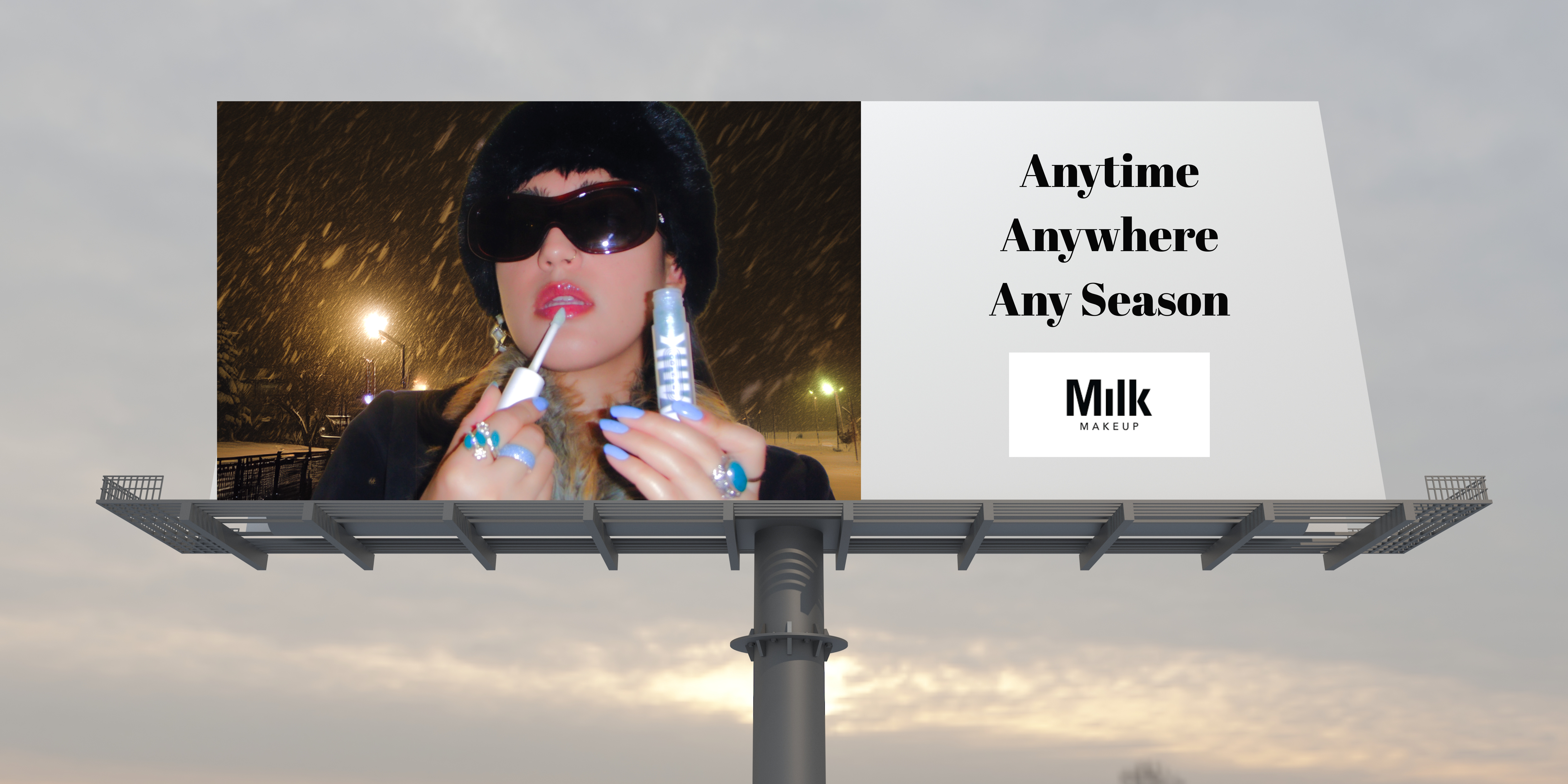 Milk makeup billboard ooh ad winter snnow campaign
